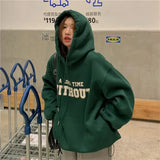 FOESCE Autumn Retro Green Letter Hoodie Women Ins Plus size Loose Hip Hop Hoodies Fashion Brand American Streetwear Oversized Outerwear