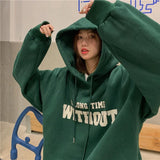 FOESCE Autumn Retro Green Letter Hoodie Women Ins Plus size Loose Hip Hop Hoodies Fashion Brand American Streetwear Oversized Outerwear