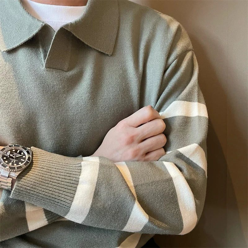 FOESCE Autumn Simple Lapel Striped Sweater For Men Casual Vintage Korean Fashion Knitwear Top New Y2K Loose Knitted Pullover Jumper