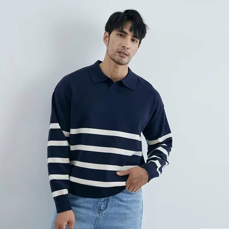 FOESCE Autumn Simple Lapel Striped Sweater For Men Casual Vintage Korean Fashion Knitwear Top New Y2K Loose Knitted Pullover Jumper