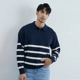 FOESCE Autumn Simple Lapel Striped Sweater For Men Casual Vintage Korean Fashion Knitwear Top New Y2K Loose Knitted Pullover Jumper