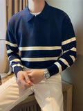 FOESCE Autumn Simple Lapel Striped Sweater For Men Casual Vintage Korean Fashion Knitwear Top New Y2K Loose Knitted Pullover Jumper