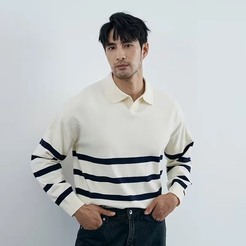 FOESCE Autumn Simple Lapel Striped Sweater For Men Casual Vintage Korean Fashion Knitwear Top New Y2K Loose Knitted Pullover Jumper