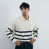 FOESCE Autumn Simple Lapel Striped Sweater For Men Casual Vintage Korean Fashion Knitwear Top New Y2K Loose Knitted Pullover Jumper