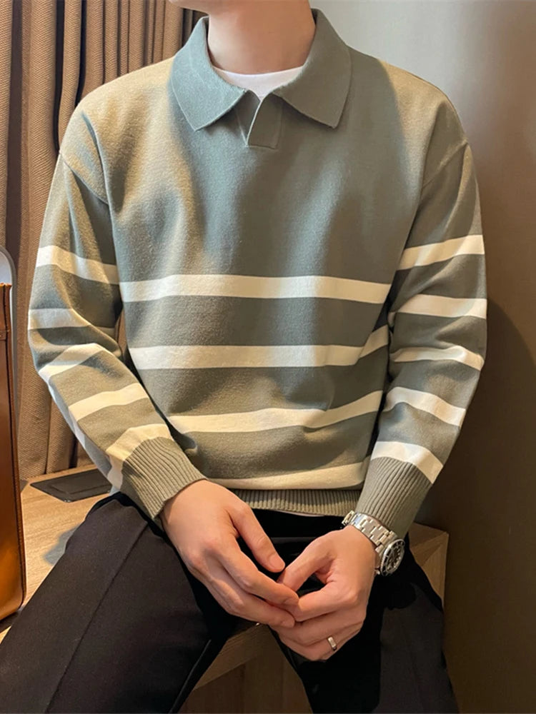 FOESCE Autumn Simple Lapel Striped Sweater For Men Casual Vintage Korean Fashion Knitwear Top New Y2K Loose Knitted Pullover Jumper