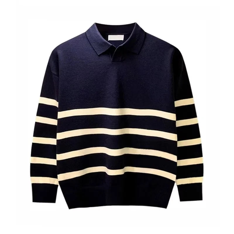 FOESCE Autumn Simple Lapel Striped Sweater For Men Casual Vintage Korean Fashion Knitwear Top New Y2K Loose Knitted Pullover Jumper
