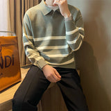 FOESCE Autumn Simple Lapel Striped Sweater For Men Casual Vintage Korean Fashion Knitwear Top New Y2K Loose Knitted Pullover Jumper
