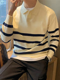 FOESCE Autumn Simple Lapel Striped Sweater For Men Casual Vintage Korean Fashion Knitwear Top New Y2K Loose Knitted Pullover Jumper