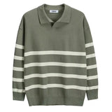 FOESCE Autumn Simple Lapel Striped Sweater For Men Casual Vintage Korean Fashion Knitwear Top New Y2K Loose Knitted Pullover Jumper