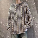 FOESCE Autumn Striped Knitted Sweater For Men Korean Fashion Streetwear Pullovers 2025 New Y2K Vintage Patchwork Crewneck Knitwear