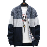 FOESCE Autumn Winter Cardigan Sweater Men Fleece Zipper Sweaters Velvet Contrast Striped Sweater Coats Casual Jackets