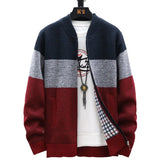 FOESCE Autumn Winter Cardigan Sweater Men Fleece Zipper Sweaters Velvet Contrast Striped Sweater Coats Casual Jackets
