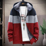 FOESCE Autumn Winter Cardigan Sweater Men Fleece Zipper Sweaters Velvet Contrast Striped Sweater Coats Casual Jackets