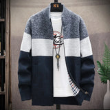 FOESCE Autumn Winter Cardigan Sweater Men Fleece Zipper Sweaters Velvet Contrast Striped Sweater Coats Casual Jackets