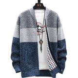 FOESCE Autumn Winter Cardigan Sweater Men Fleece Zipper Sweaters Velvet Contrast Striped Sweater Coats Casual Jackets