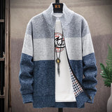 FOESCE Autumn Winter Cardigan Sweater Men Fleece Zipper Sweaters Velvet Contrast Striped Sweater Coats Casual Jackets