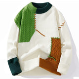 FOESCE Autumn Winter Color Matching Design Sense Stitching Crew-neck Knitting Couple Fashion Brand Plus Fleece Pullover Sweater New