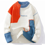 FOESCE Autumn Winter Color Matching Design Sense Stitching Crew-neck Knitting Couple Fashion Brand Plus Fleece Pullover Sweater New