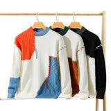 FOESCE Autumn Winter Color Matching Design Sense Stitching Crew-neck Knitting Couple Fashion Brand Plus Fleece Pullover Sweater New