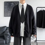 Foesce Autumn Winter Men Casual V-Neck Cardigan Sweaters Solid Color Long Sleeve Outerwear Single-breasted Male Loose Knitted Coats