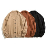 Foesce Autumn Winter Men Casual V-Neck Cardigan Sweaters Solid Color Long Sleeve Outerwear Single-breasted Male Loose Knitted Coats