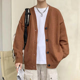 Foesce Autumn Winter Men Casual V-Neck Cardigan Sweaters Solid Color Long Sleeve Outerwear Single-breasted Male Loose Knitted Coats
