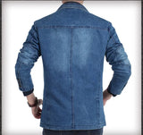 FOESCE Autumn Winter Men's Denim Suit Cotton Slim Blazer Jacket Long Sleeve Single Breasted Button Pockets