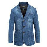 FOESCE Autumn Winter Men's Denim Suit Cotton Slim Blazer Jacket Long Sleeve Single Breasted Button Pockets