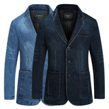FOESCE Autumn Winter Men's Denim Suit Cotton Slim Blazer Jacket Long Sleeve Single Breasted Button Pockets