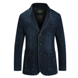 FOESCE Autumn Winter Men's Denim Suit Cotton Slim Blazer Jacket Long Sleeve Single Breasted Button Pockets