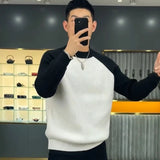 FOESCE Autumn Winter Mens Sweaters Casual Warm Loose Fashion Patchwork Pullover Retro Harajuku Round Neck Knitted Bottoming Shirt