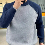 FOESCE Autumn Winter Mens Sweaters Casual Warm Loose Fashion Patchwork Pullover Retro Harajuku Round Neck Knitted Bottoming Shirt