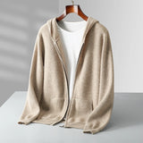 FOESCE Autumn Winter New 100% Merino Wool Men's Zipper Hooded Coat Thick Sweater Warm Long Sleeved Knitted Cardigan men's coat