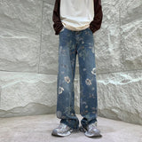 FOESCE Baggy Flower Jeans Men Fashion Oversized Wide Leg Jeans Men Streetwear Hip-hop Loose Straight Denim Pants Mens Trousers S-XL