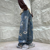 FOESCE Baggy Flower Jeans Men Fashion Oversized Wide Leg Jeans Men Streetwear Hip-hop Loose Straight Denim Pants Mens Trousers S-XL