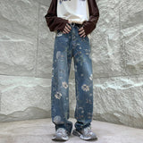 FOESCE Baggy Flower Jeans Men Fashion Oversized Wide Leg Jeans Men Streetwear Hip-hop Loose Straight Denim Pants Mens Trousers S-XL