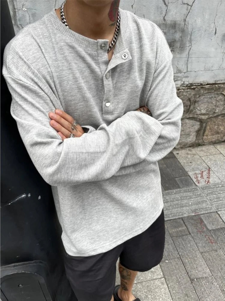 FOESCE Big Size Unicolor T Shirts for Men Baggy Pullover Plain Oversize Male Clothes Long Sleeve Tops Polyester It Elasticity Japan Y2k