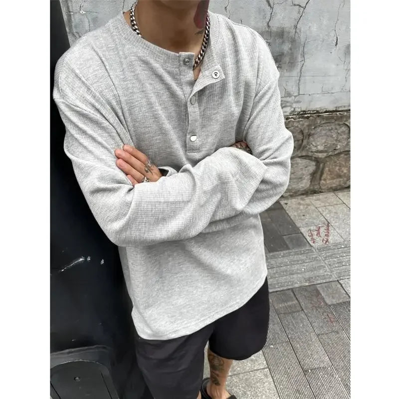 FOESCE Big Size Unicolor T Shirts for Men Baggy Pullover Plain Oversize Male Clothes Long Sleeve Tops Polyester It Elasticity Japan Y2k