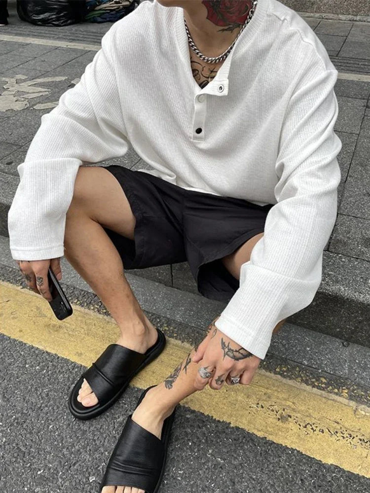 FOESCE Big Size Unicolor T Shirts for Men Baggy Pullover Plain Oversize Male Clothes Long Sleeve Tops Polyester It Elasticity Japan Y2k