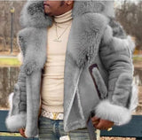 FOESCE Black Big Fur Collar Hooded Thickened Fleece-lined Men's Leather Coat