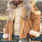 FOESCE Black Big Fur Collar Hooded Thickened Fleece-lined Men's Leather Coat
