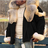 FOESCE Black Big Fur Collar Hooded Thickened Fleece-lined Men's Leather Coat