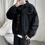 FOESCE Black Denim Short Jacket Men Turn Down Collar Bomber Jacket Jeans Coats Casual Pockets Overalls Streetwear Man Clothing Outwear