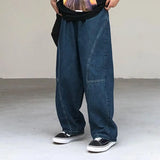 FOESCE Breathable Men Pants Patchwork Pants Vintage Cargo Pants Loose Wide Leg Trousers with Deep Crotch Hip Hop Streetwear Patchwork