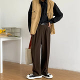 FOESCE Brown Black Suit Pants Men Fashion Social Mens Dress Pants Korean Loose Straight Wide Leg Pants Mens Office Formal Trousers