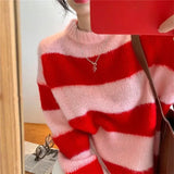 FOESCE Candy Color Knitted Striped Sweater Women O Neck Long Sleeve Korean Sweet Pullover Jumpers Female Sueter Mujer Lazy Style