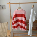 FOESCE Candy Color Knitted Striped Sweater Women O Neck Long Sleeve Korean Sweet Pullover Jumpers Female Sueter Mujer Lazy Style