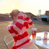 FOESCE Candy Color Knitted Striped Sweater Women O Neck Long Sleeve Korean Sweet Pullover Jumpers Female Sueter Mujer Lazy Style