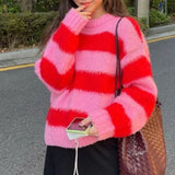 FOESCE Candy Color Knitted Striped Sweater Women O Neck Long Sleeve Korean Sweet Pullover Jumpers Female Sueter Mujer Lazy Style