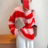 FOESCE Candy Color Knitted Striped Sweater Women O Neck Long Sleeve Korean Sweet Pullover Jumpers Female Sueter Mujer Lazy Style